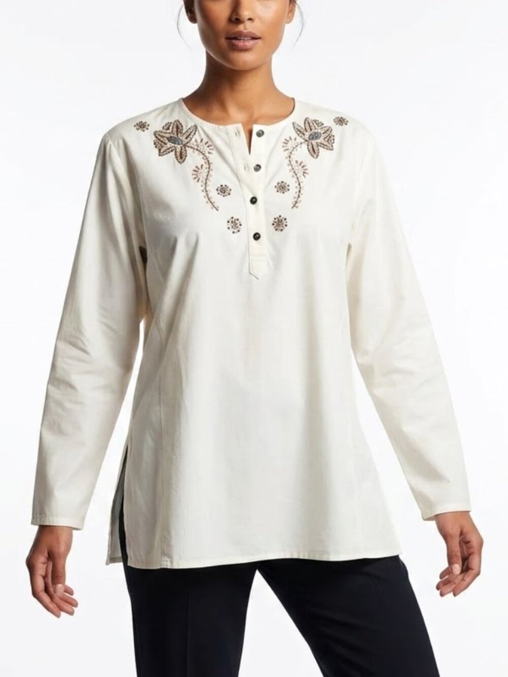 KATE LANDRY Cottagecore Beaded Floral Tunic Cotton Stretch Embroidered Boho L